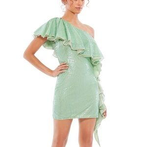 NWT Mac Duggal Women's One Shoulder Sequin Sage Ruffled Cocktail Dress, size 6